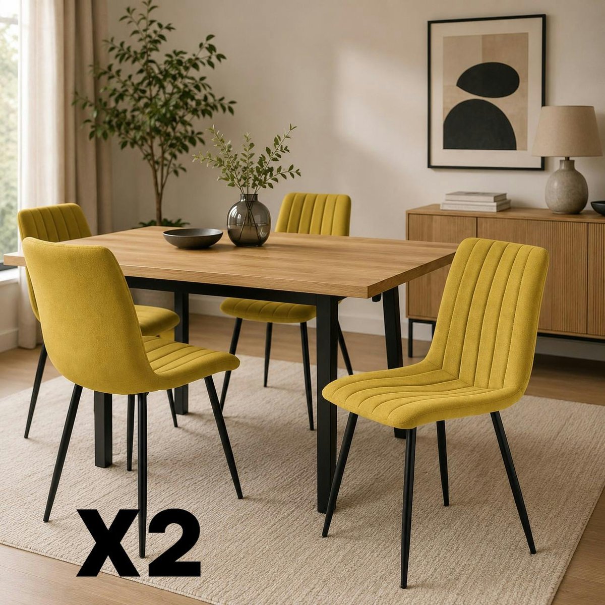 Chaise en tissu coutures verticales (lot de 2) LORA moutarde, PIER IMPORT