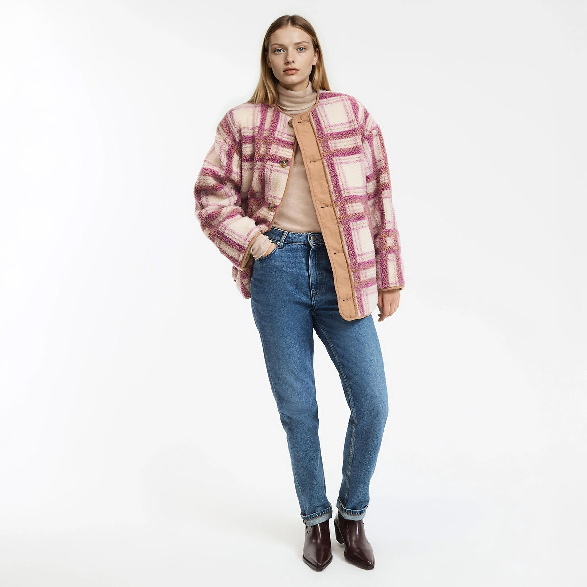 Reversible Quilted Jacket, Plain/Checked pink checks, LA REDOUTE COLLECTIONS
