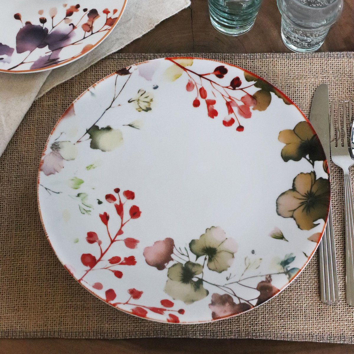 Lot de 6 assiettes plates en porcelaine 27cm, AQUARELLE motif fleuri, NOVASTYL
