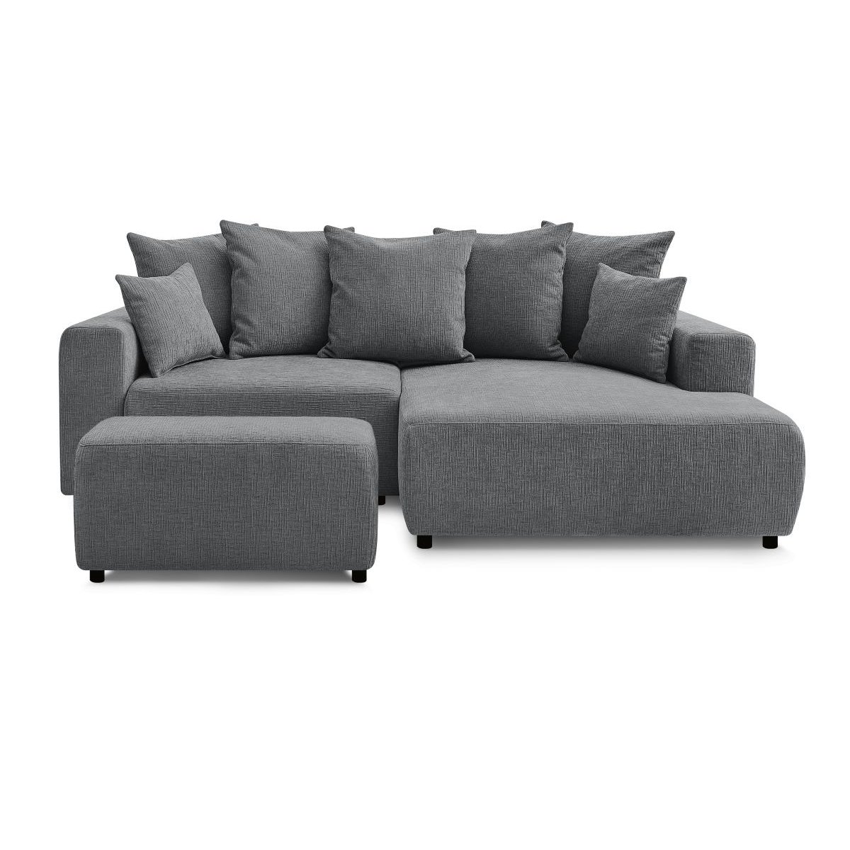 Canapé d'angle convertible 5 places en tissu texturé avec pouf, ATILLA gris foncé, BOBOCHIC