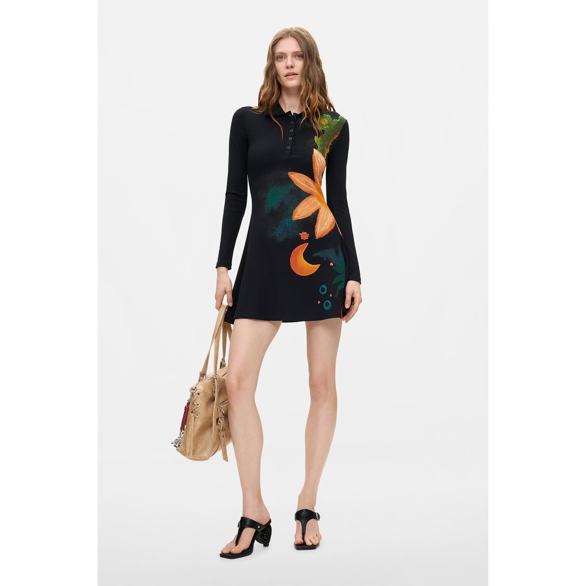 Robe fleurie à manches longues noir, DESIGUAL