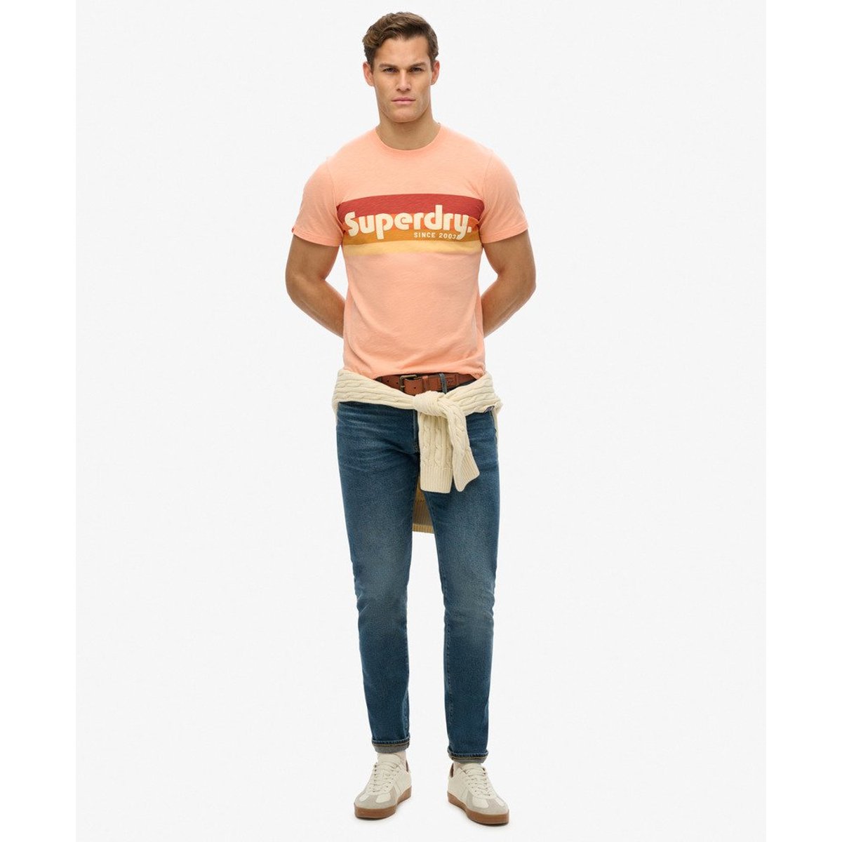 T-shirt décontracté à rayures et logo Terrain rose punch papaye flammé, SUPERDRY