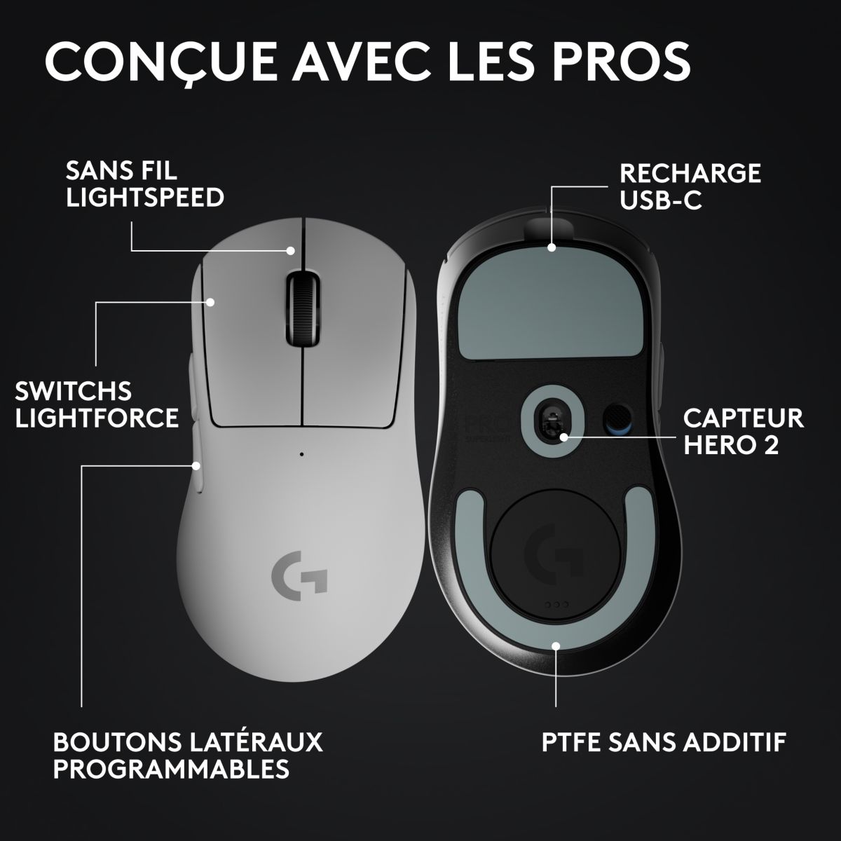 Souris Gamer Sans Fil PRO X SUPERLIGHT2 DEX LIGHTSPEED Blan couleur unique, LOGITECH