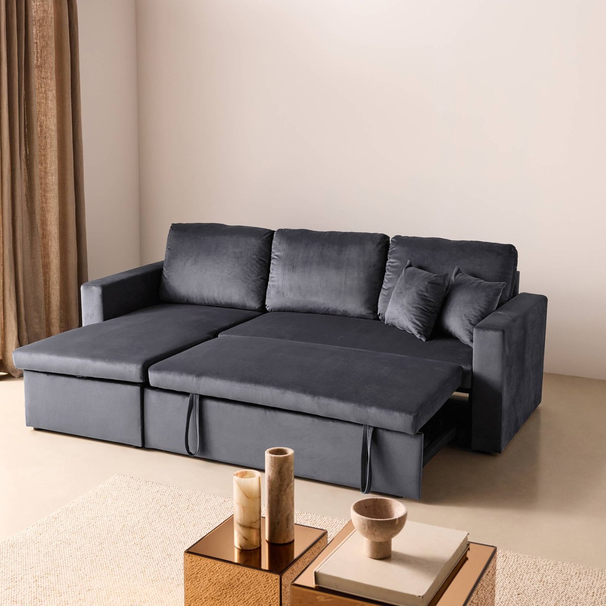 Canapé convertible réversible velours IDA VELOURS gris foncé, SWEEEK