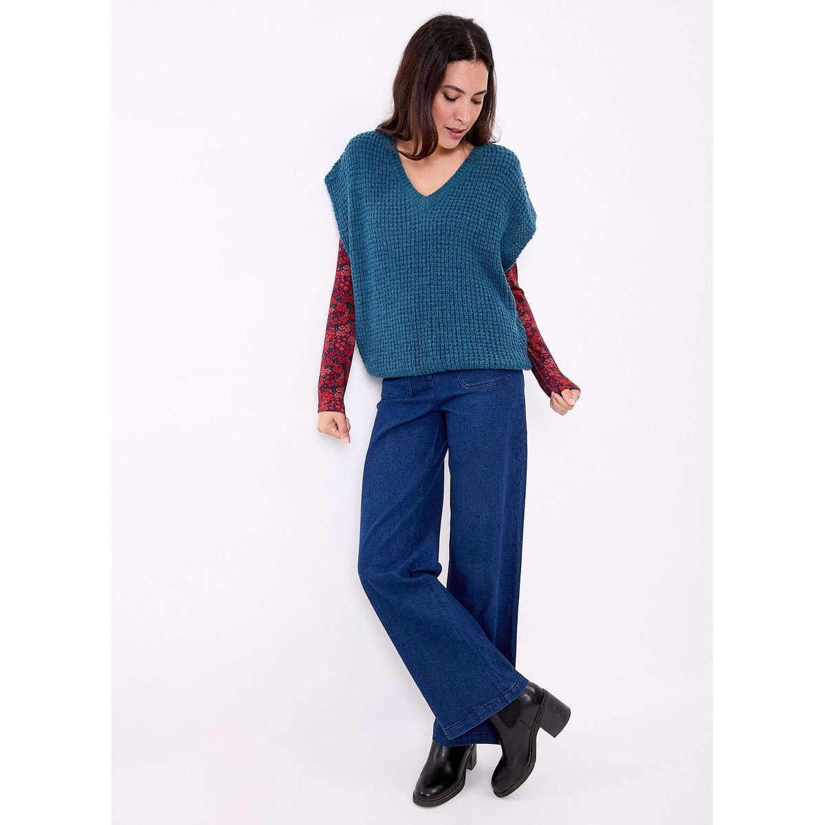 Pull sans manches maille fantaisie PASCALE bleu, PRINCESSE NOMADE