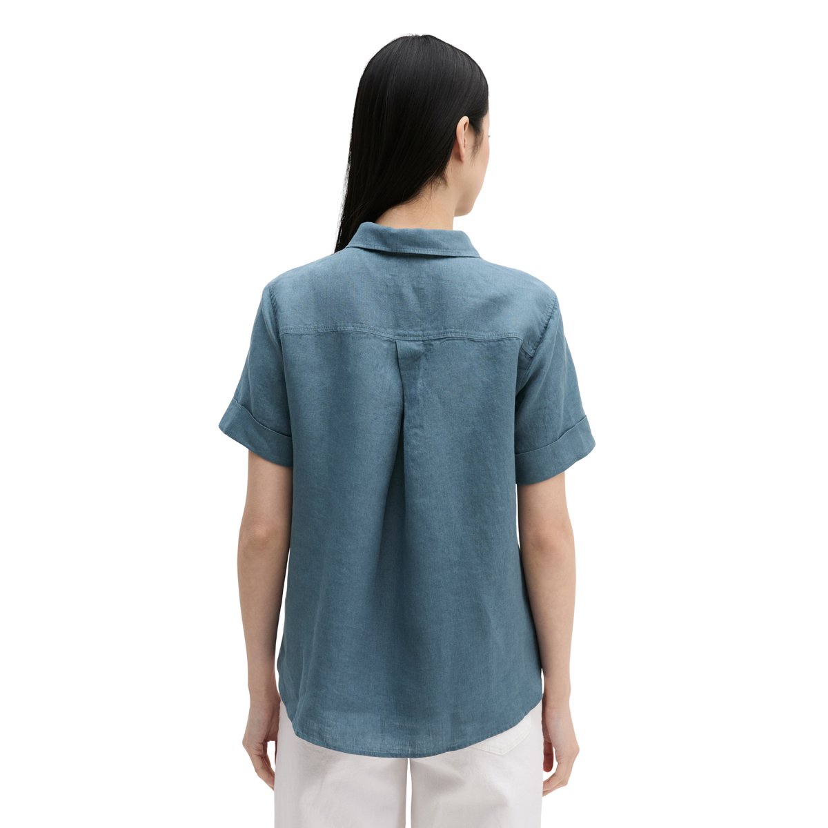 Blouse en lin à manches courtes regular avec de larges plis dans le dos bleu moyen, MARC O'POLO
