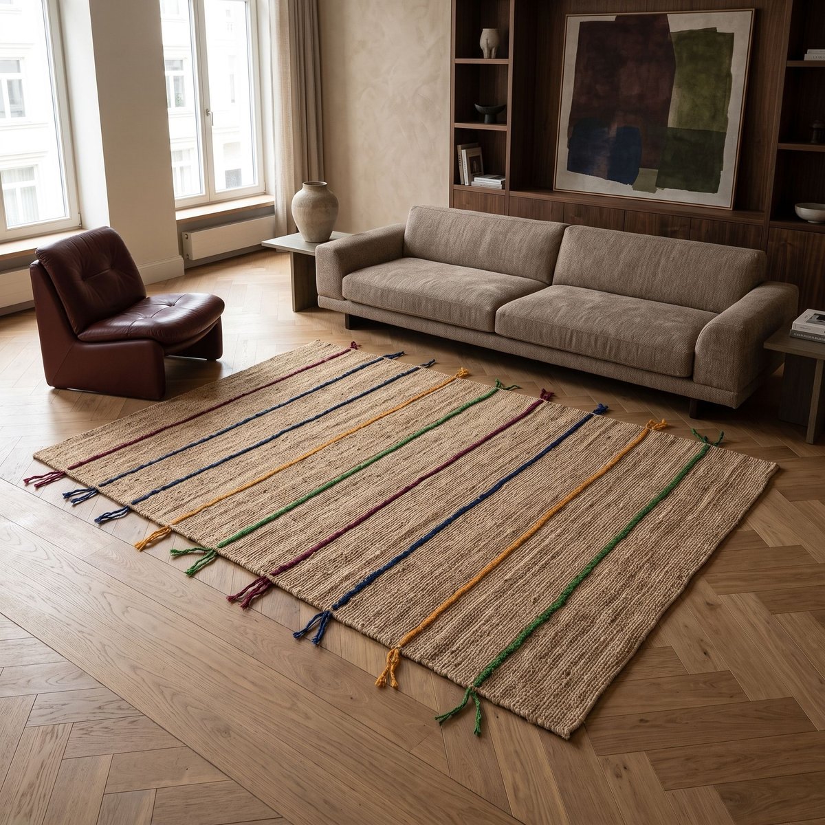 Tapis jute avec tresses en laine COLOR JUTE - style bohème multicolore, THE DECO FACTORY