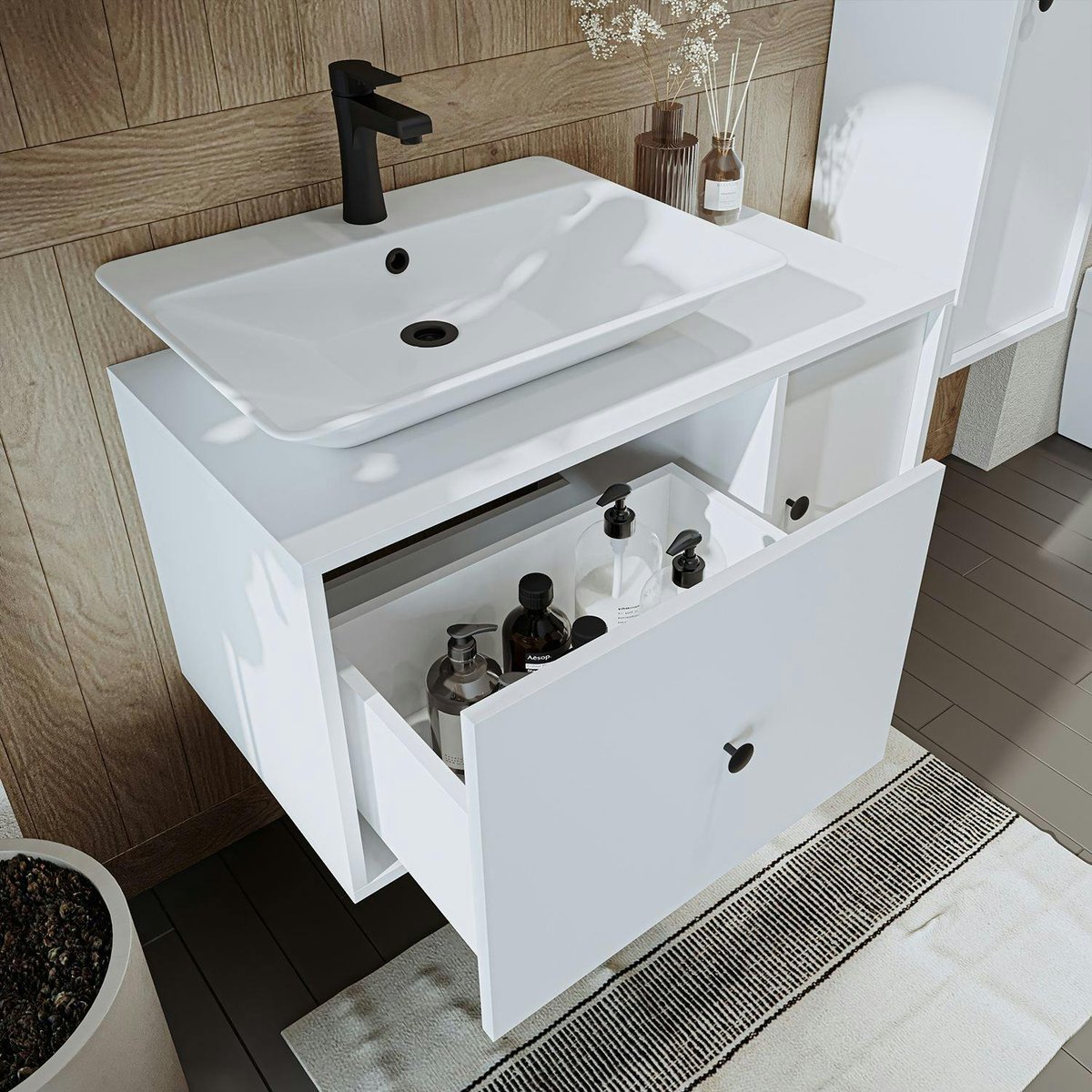 Vasque suspendue 1 porte 1 tiroir RIV blanc, PIER IMPORT