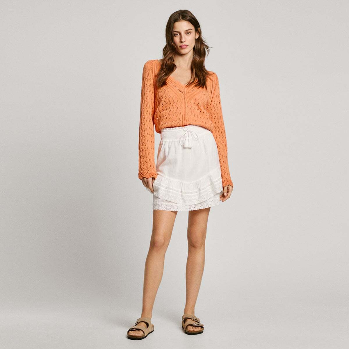 Jupe Courte À Volants Brodés blanc cassé, PEPE JEANS