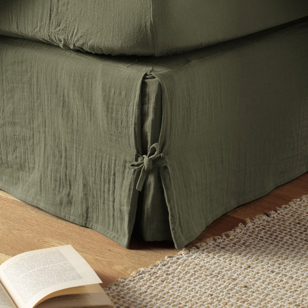 Cache sommier, en 100 % Gaze de coton, avec volant 30 cm romarin, EDEN