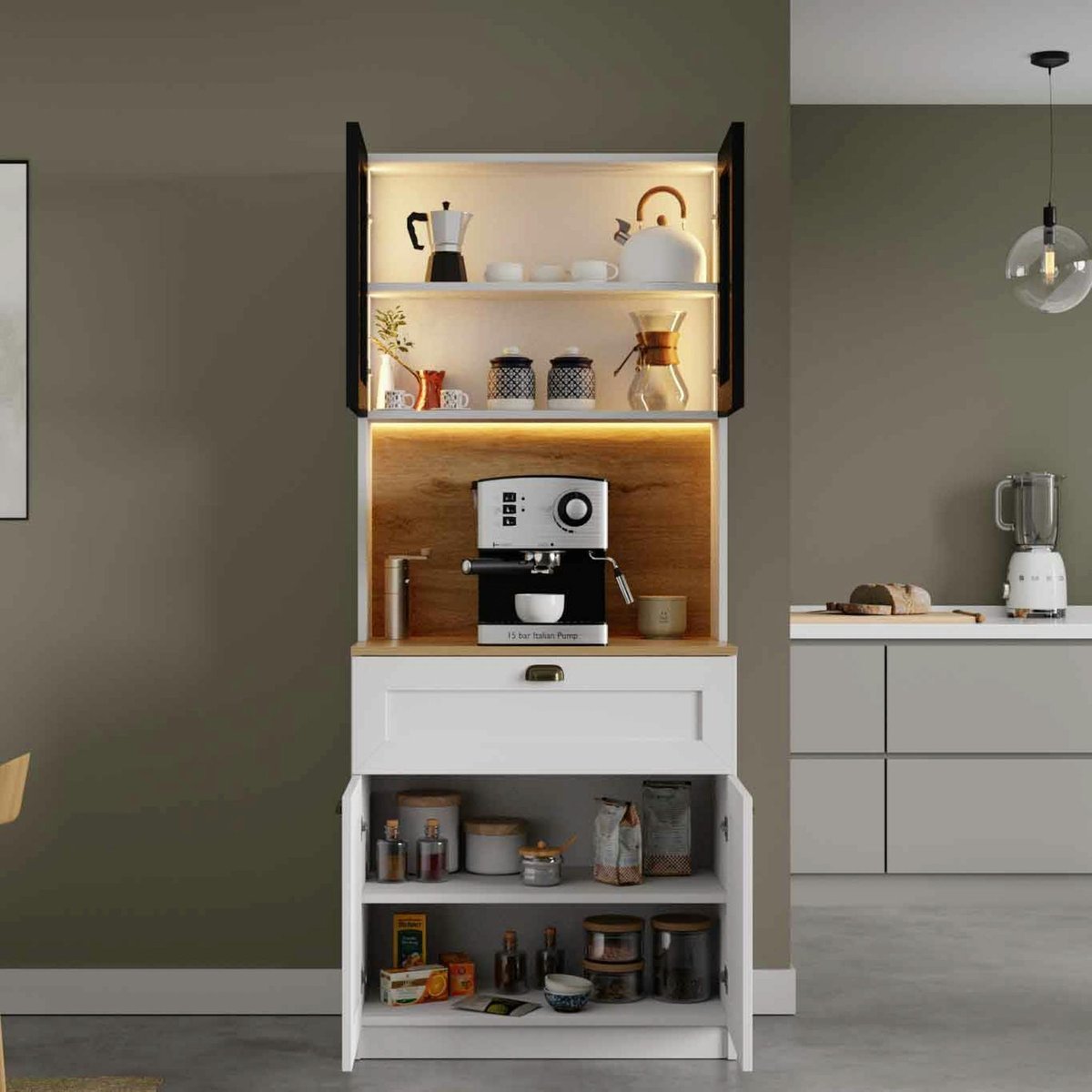 Vaisselier de cuisine à LED 4 portes décor blanc et noir AURA blanc, PIER IMPORT