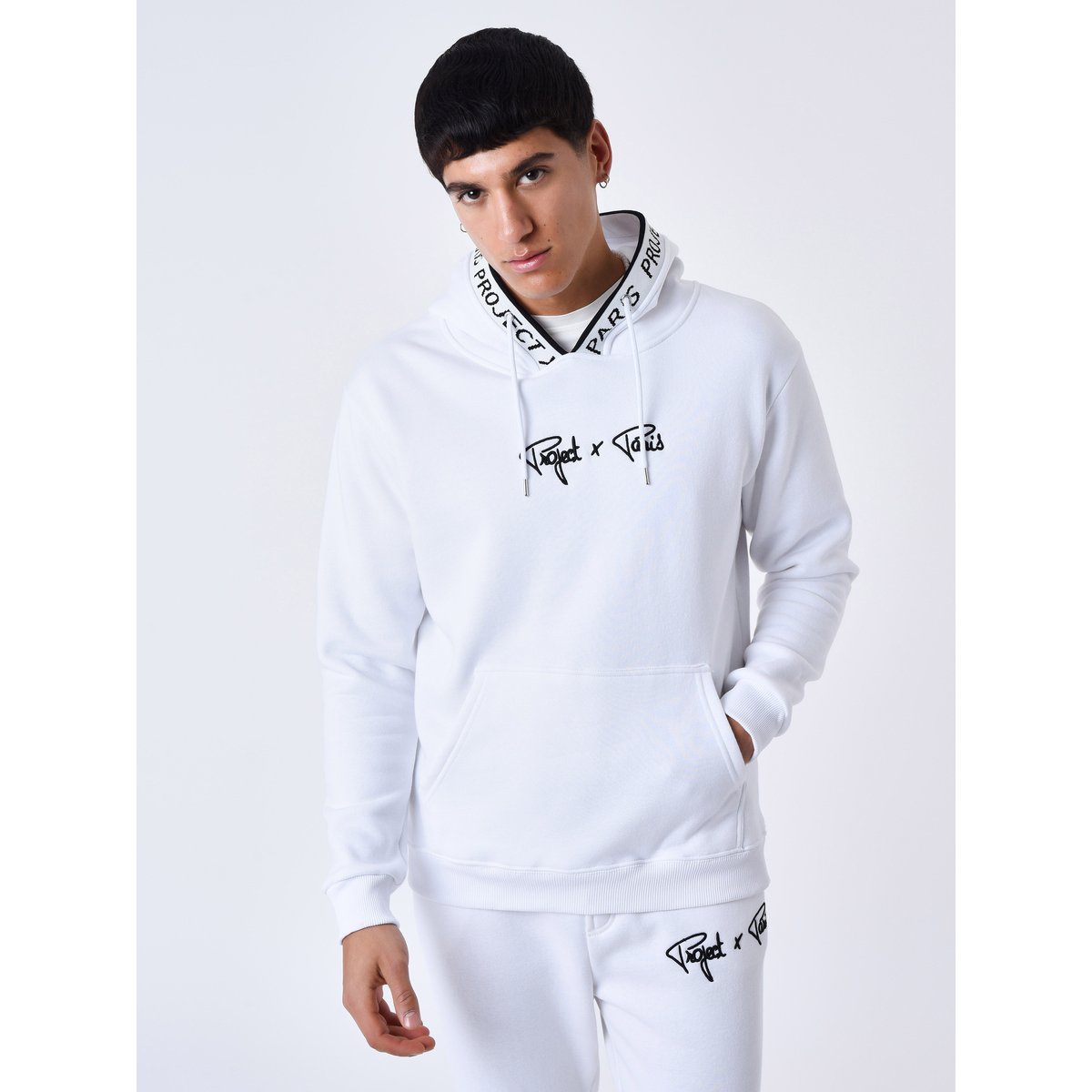 Sweat à Capuche Bord tricoter logoté blanc, PROJECT X