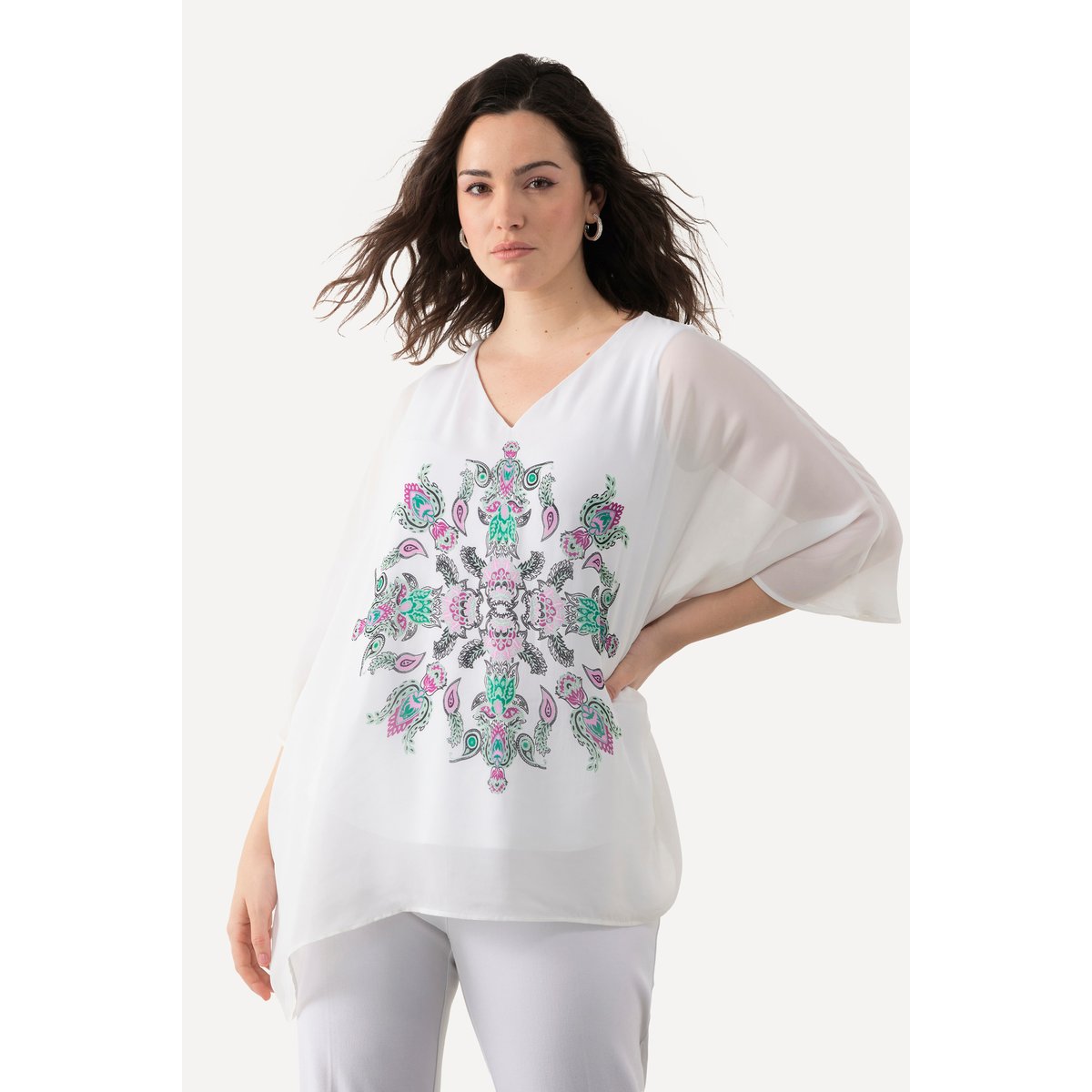 Tunique oversized à col V et manches courtes vert bleu, ULLA POPKEN