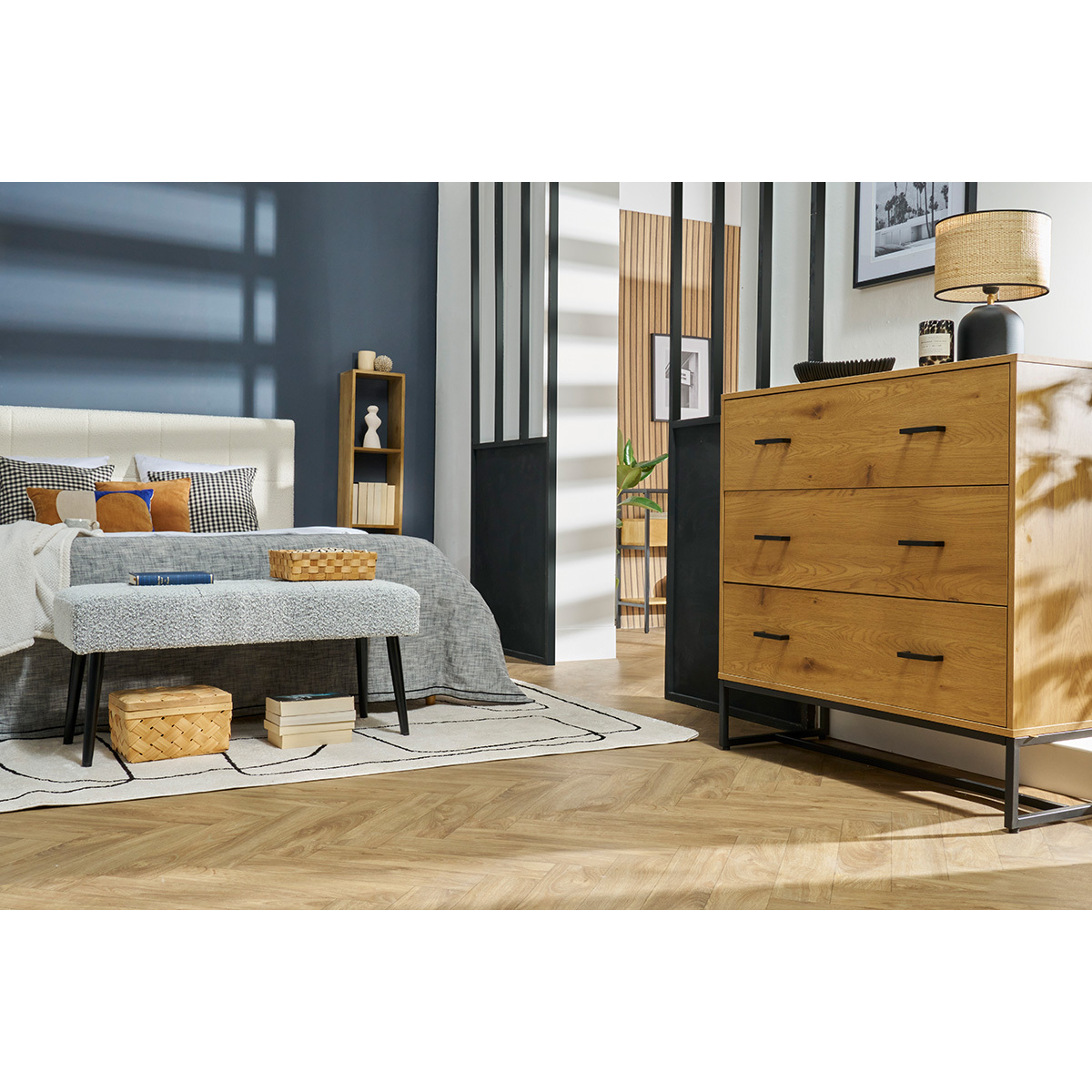 Commode 3 tiroirs finition bois clair chêne et métal noir L100 cm LOVATO chêne clair, MILIBOO