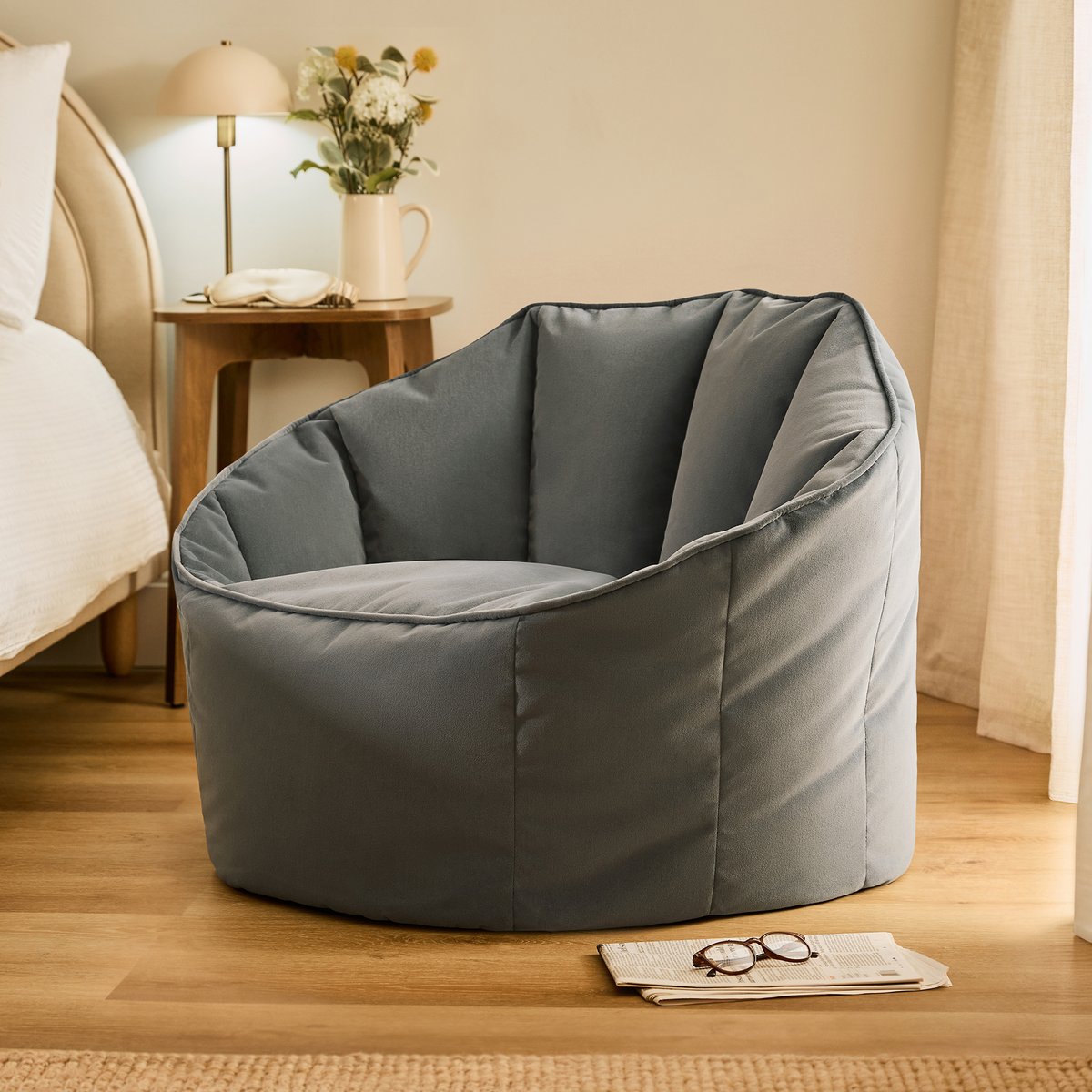 Pouf fauteuil coquillage en velours mat Oeko-Tex® - SIRENA gris anthracite, ICON