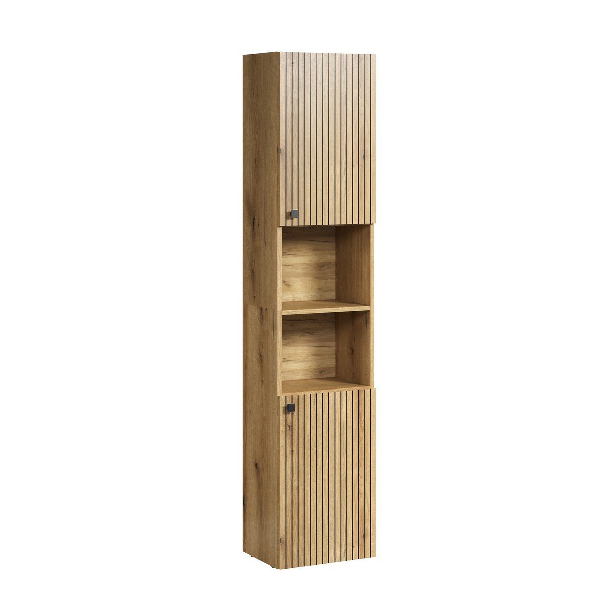Colonne de salle de bain rainurée 2 portes, 2 niches H186 cm - PUREBLISS chêne blond et noir mat, CALICOSY