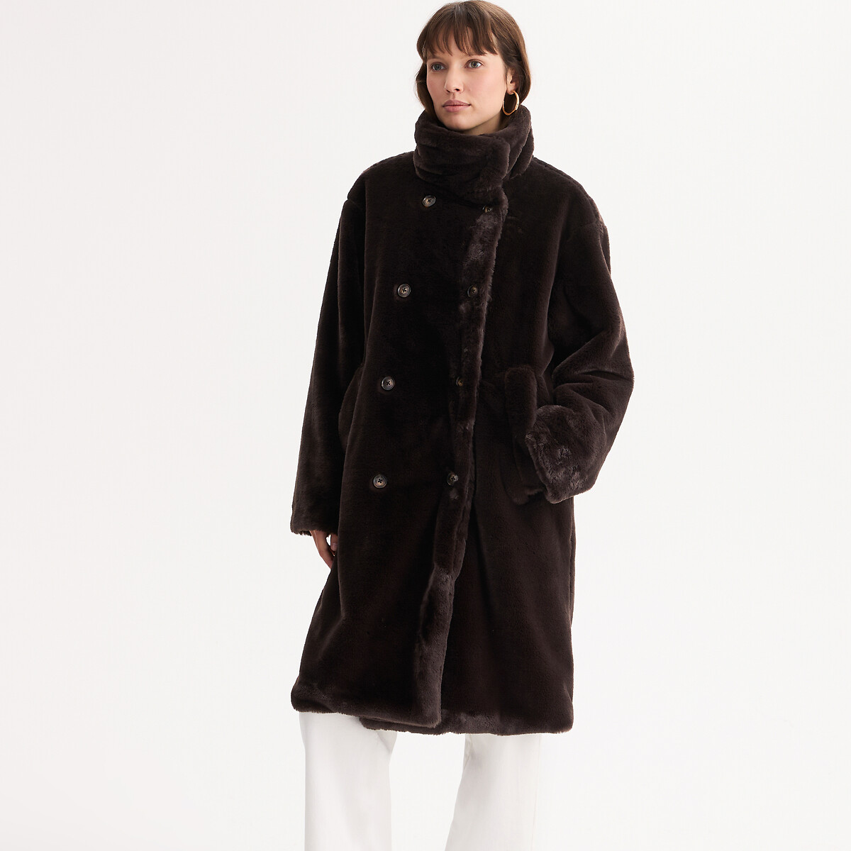 Long Coat in Fluffy Fabric with High Neck and Button Fastening brown, ANNE WEYBURN