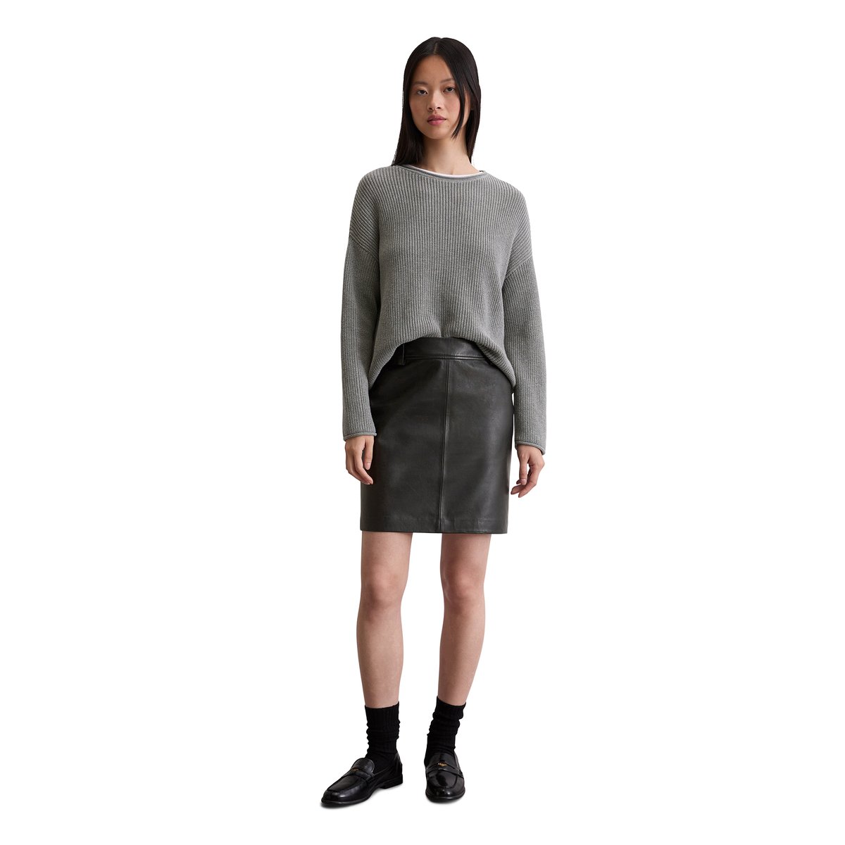 Mini-jupe en cuir regular en cuir nappa d'agneau souple noir, MARC O'POLO