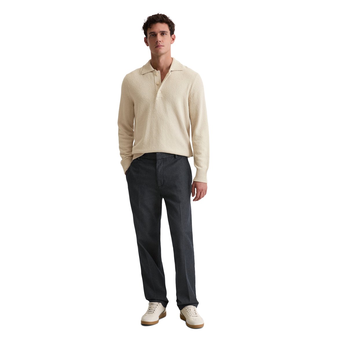 Pull polo regular en bouclette de coton bio beige, MARC O'POLO