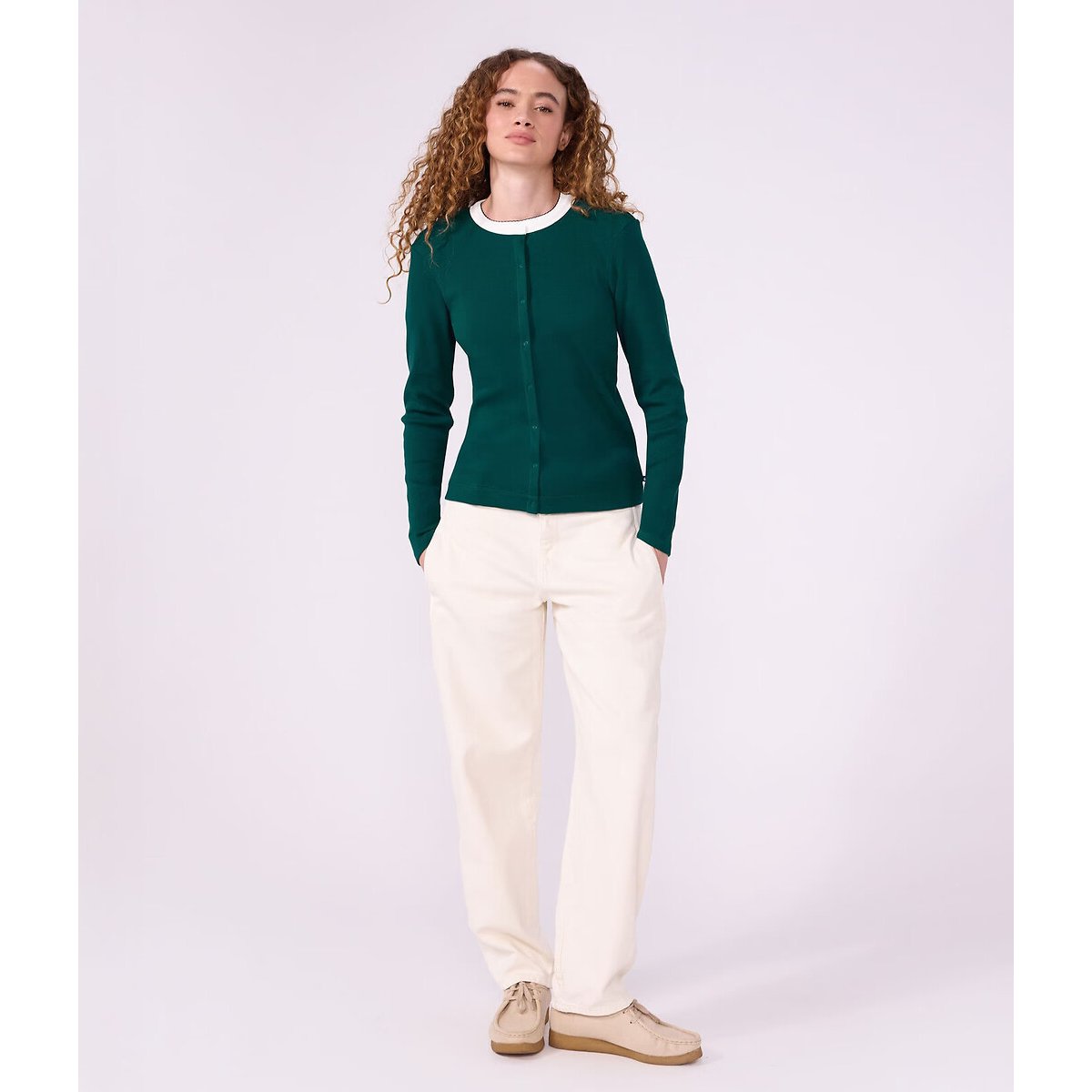 Cardigan femme en coton uni vert, PETIT BATEAU