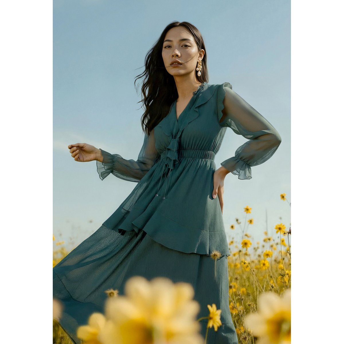 Robe de cocktail à volant evening green, VERA MONT