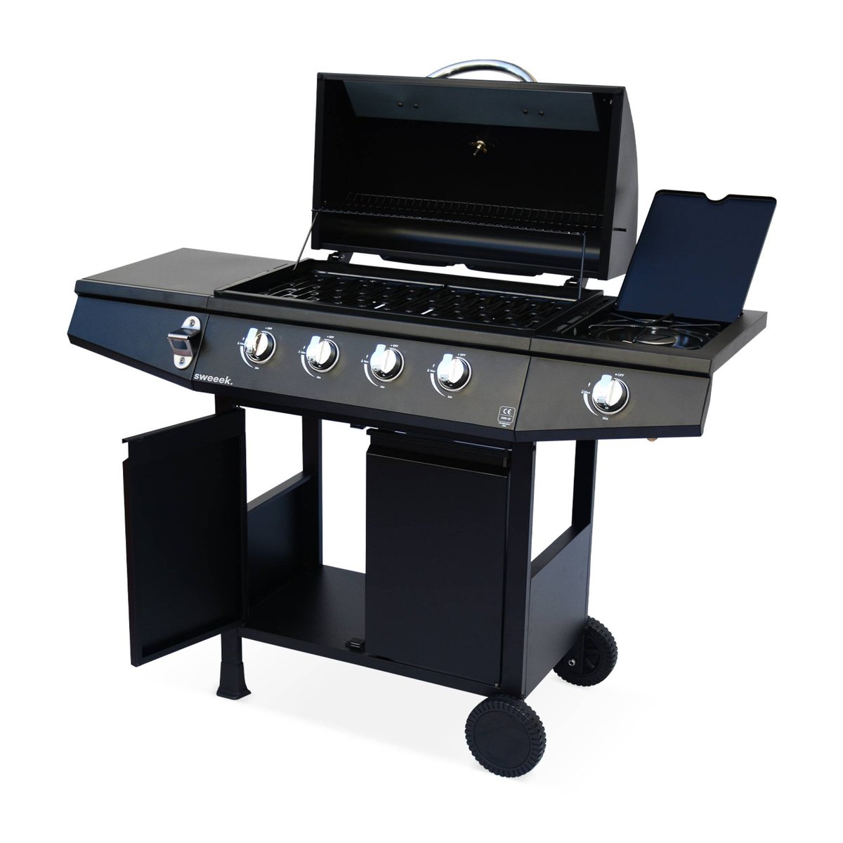 Barbecue gaz 4 brûleurs + 1 feu latéral avec roues, tablettes, thermomètre et housse TREVILLE 4 AVEC HOUSSE noir, SWEEEK