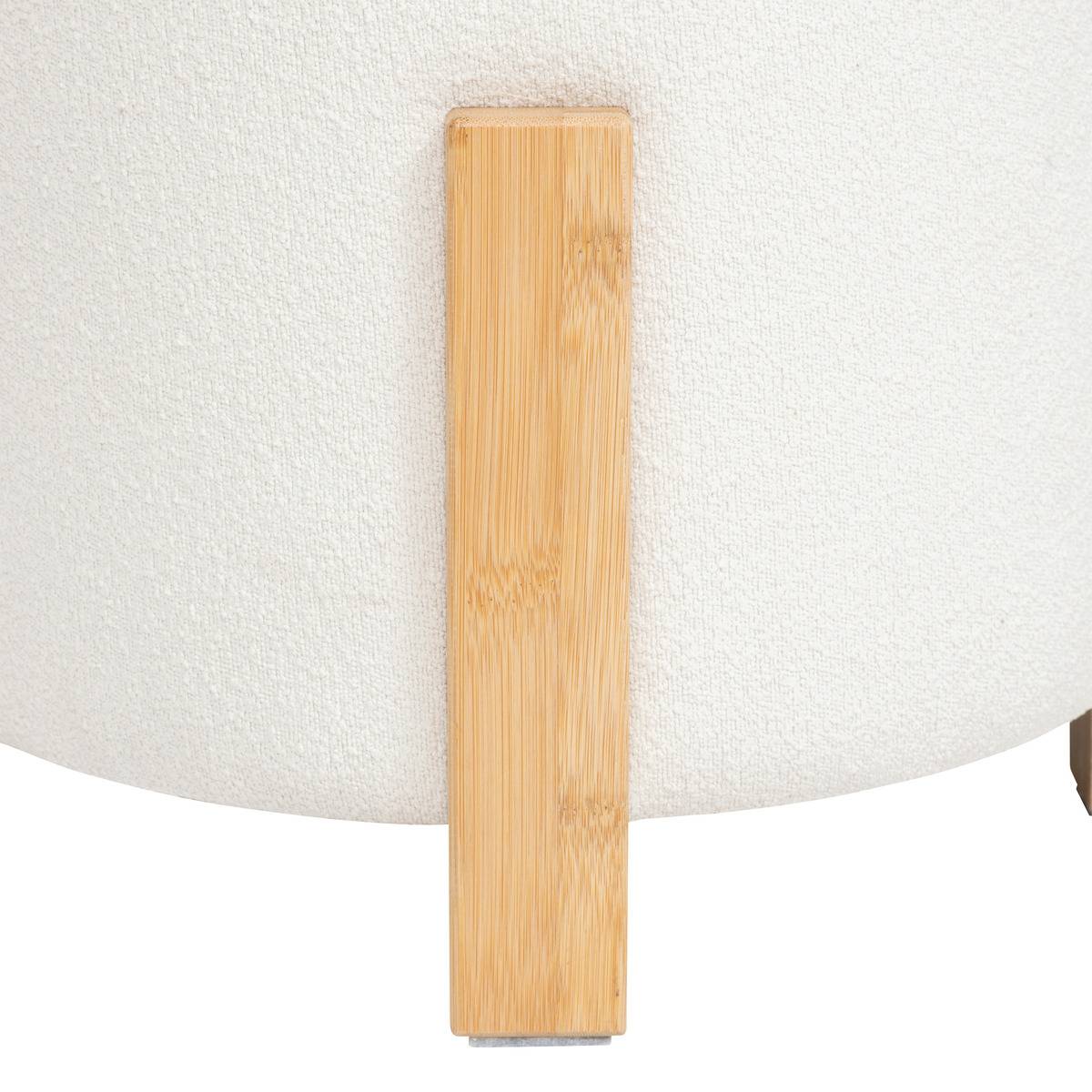 Tabouret bas en bouclette sur pieds bambou BANSA blanc, ATMOSPHERA