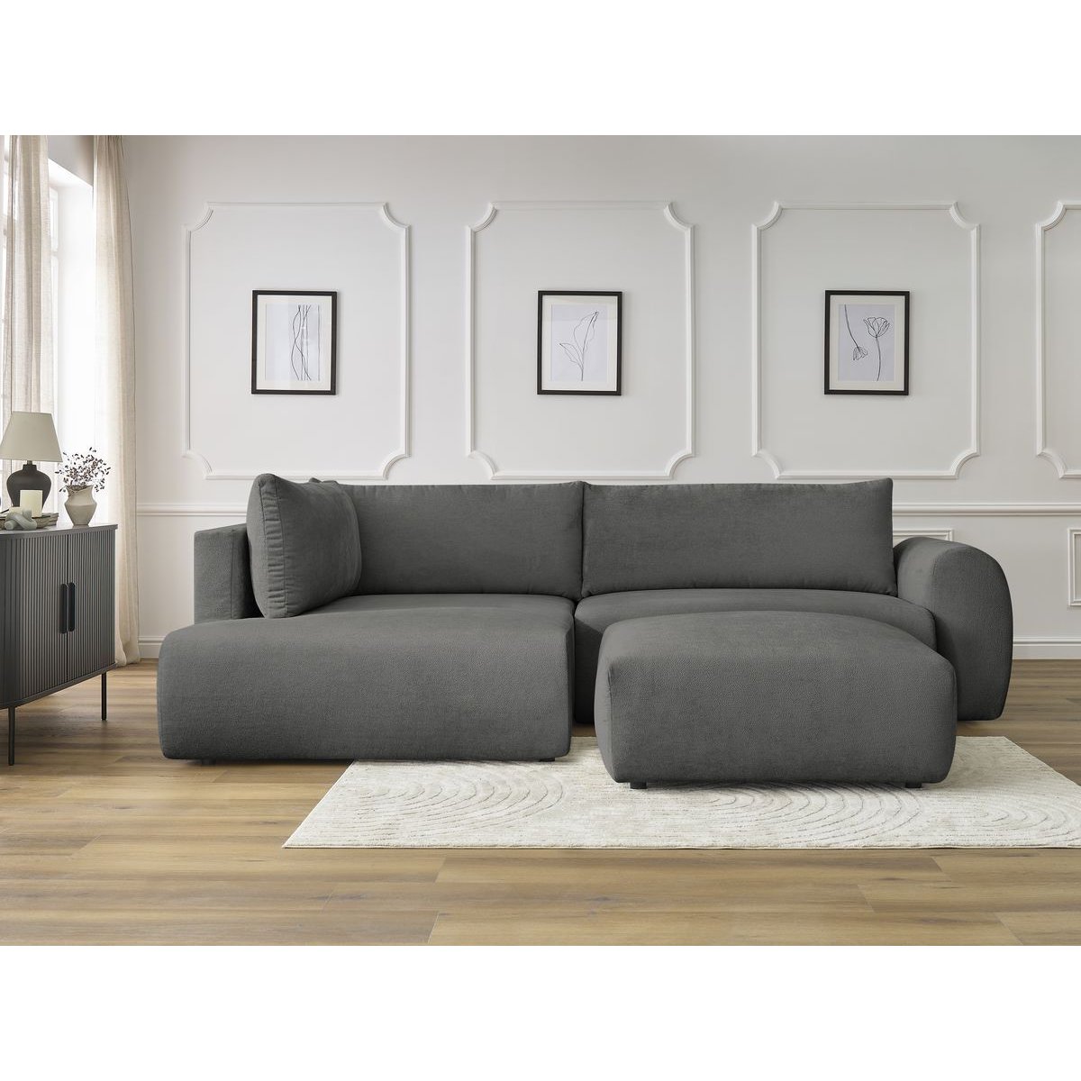 Canapé d'angle convertible 4 places en tissu lisse avec pouf, LUCIEN gris foncé, BOBOCHIC