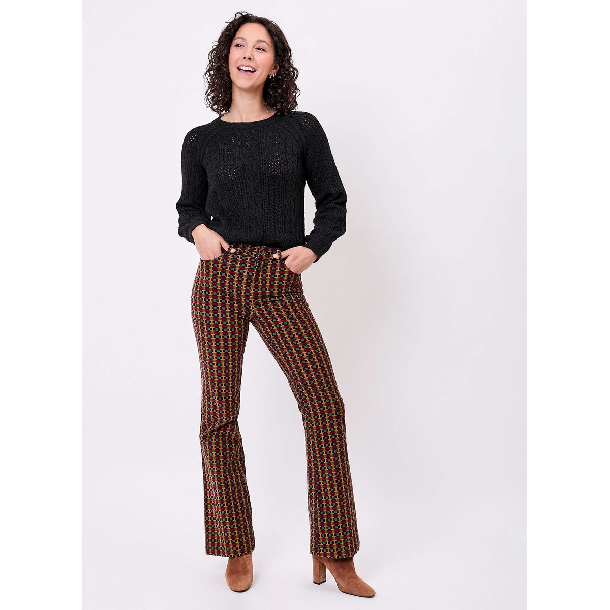 Pantalon flare velours imprimé côtelé LULU vert signal lulu, PRINCESSE NOMADE