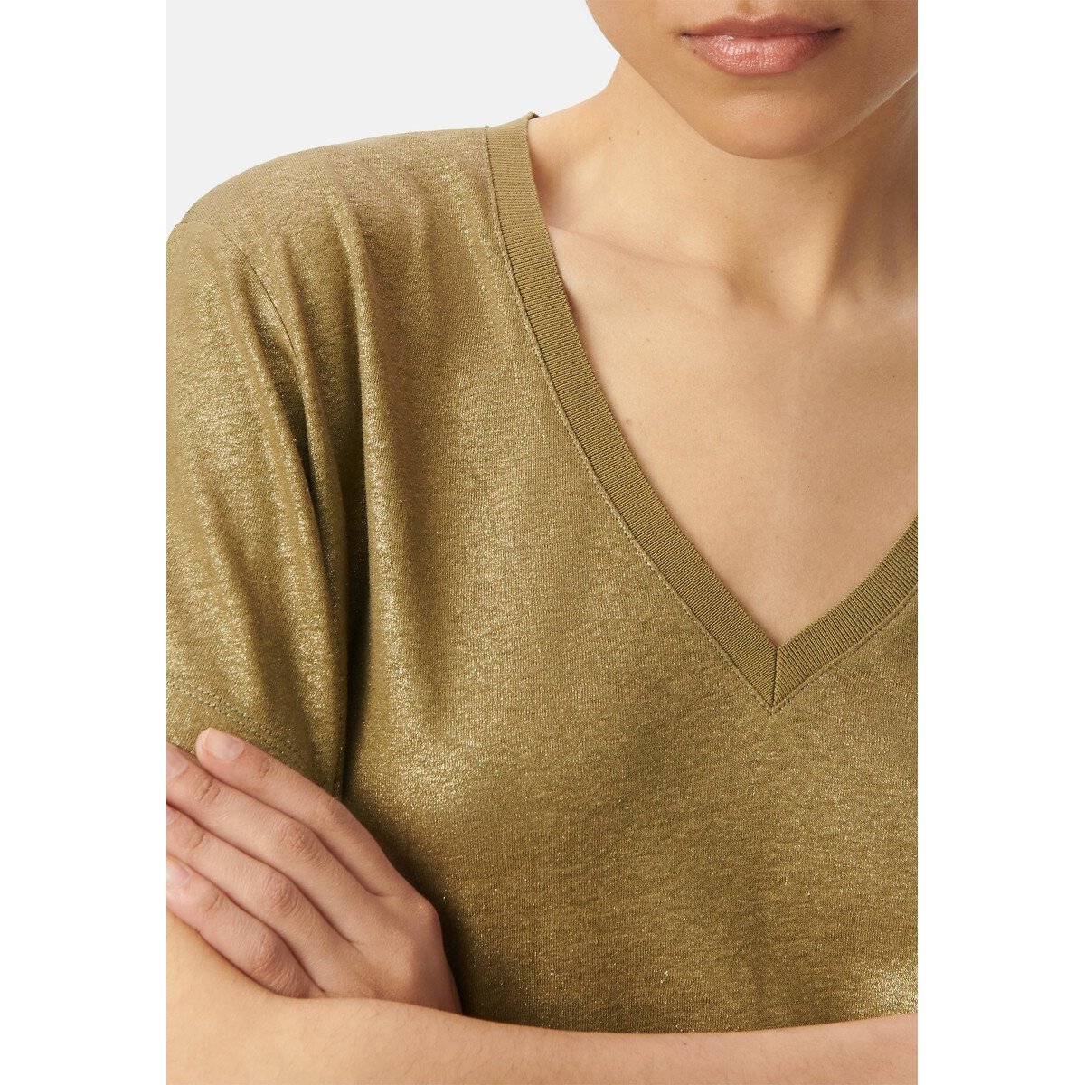 Iridescent Linen/Viscose V-Neck T-Shirt with Short Sleeves khaki, IKKS