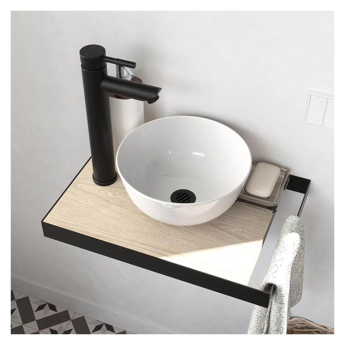 Lave-mains fin +vasque+robinet+miroir SOHO décor chêne, MOB IN