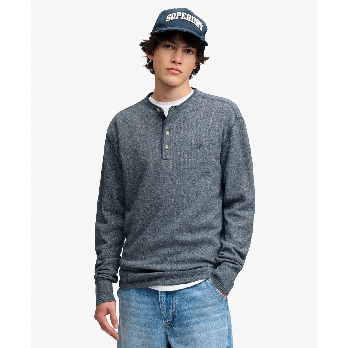Haut Col Grand-Père Gaufré Mini Slub Manches Longues denim blue marl, SUPERDRY