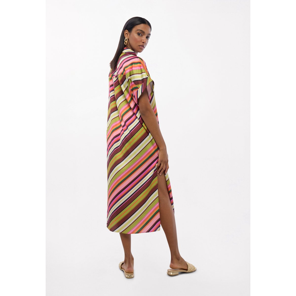 Robe chemise en satin à rayures diagonales multicolores ecru, LOLA CASADEMUNT