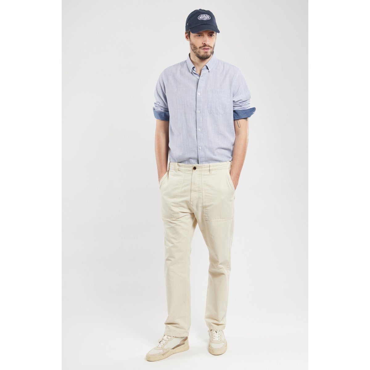 Chemise fines rayures en coton milleraie marine/milk, ARMOR-LUX