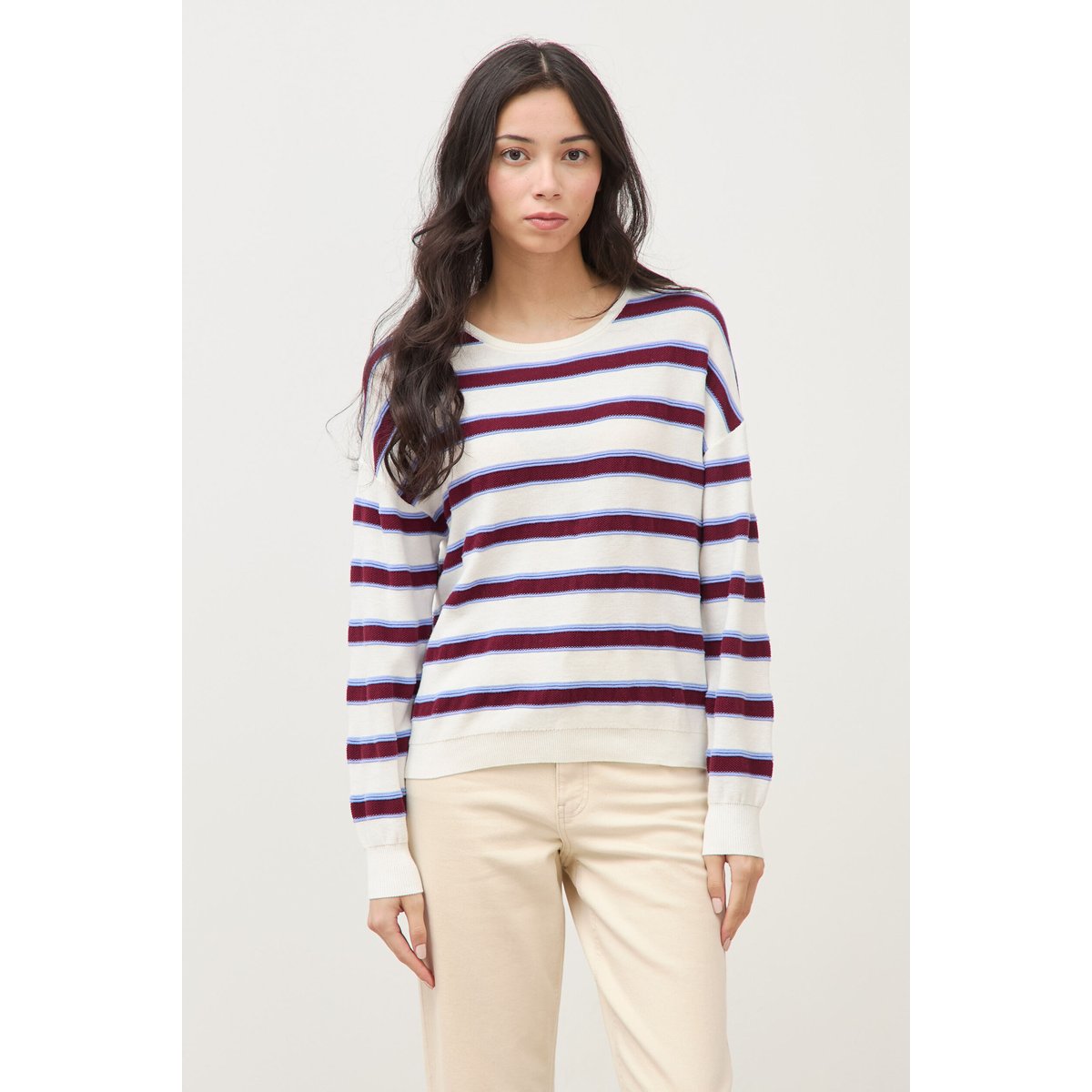 Pull col rond manches longues en coton marron chocolat, BONOBO