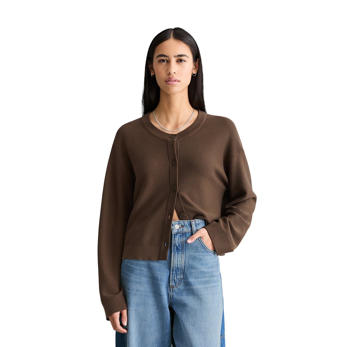 DfC Cardigan relaxed en fil de coton compact marron fonce, MARC O’POLO DENIM