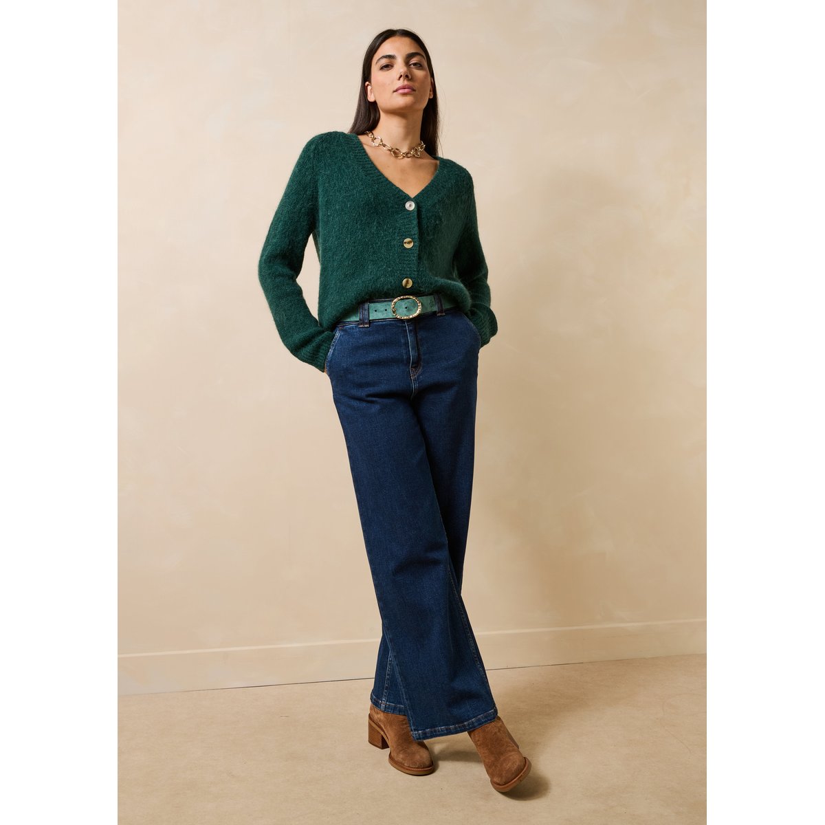 Gilet manches longues col V vert imperial, LA FEE MARABOUTEE