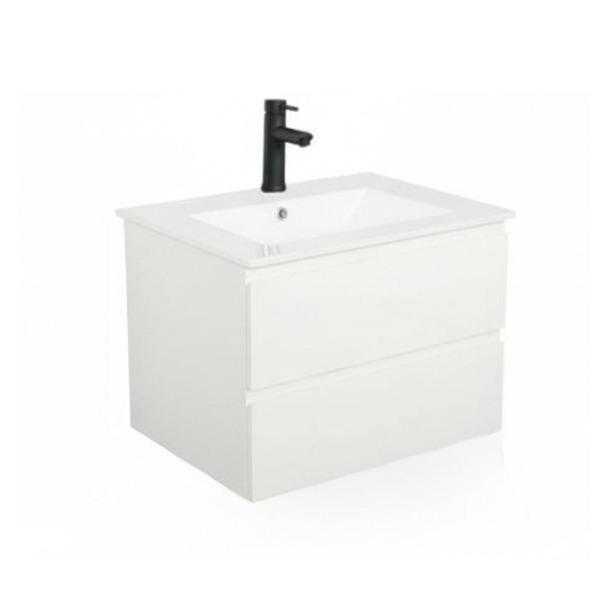 Ensemble simple vasque 60cm avec plan céramique et robinet noir SORRENTO blanc satiné, MOB IN
