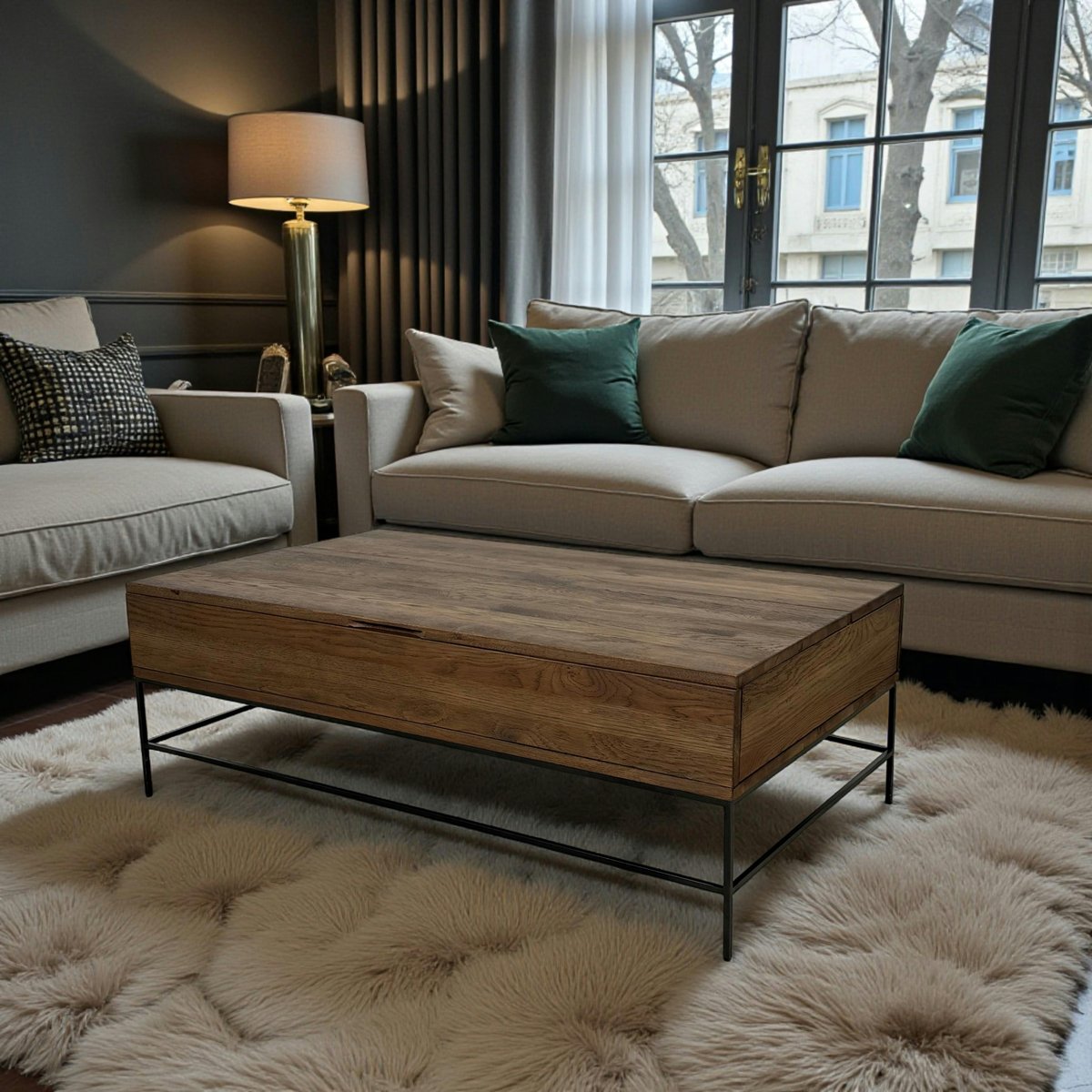 Table basse relevable en bois massif et métal avec rangement style industriel contemporain HUDSON bois naturel, PIER IMPORT