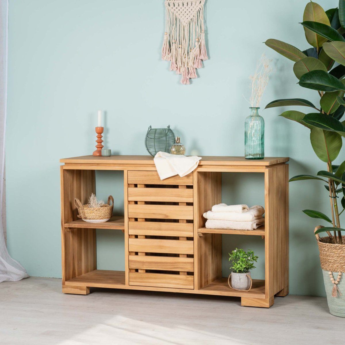 Meuble sous vasque en teck massif rectangle 120 cm naturel, WANDA COLLECTION