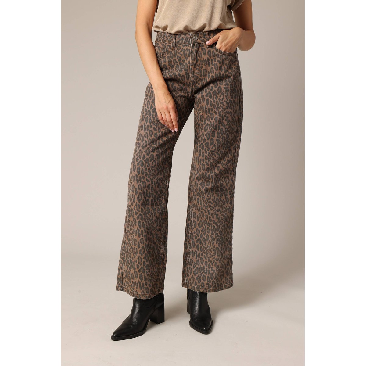 Jean flare 100% coton à motif léopard tendance PRISTY camel, DEELUXE