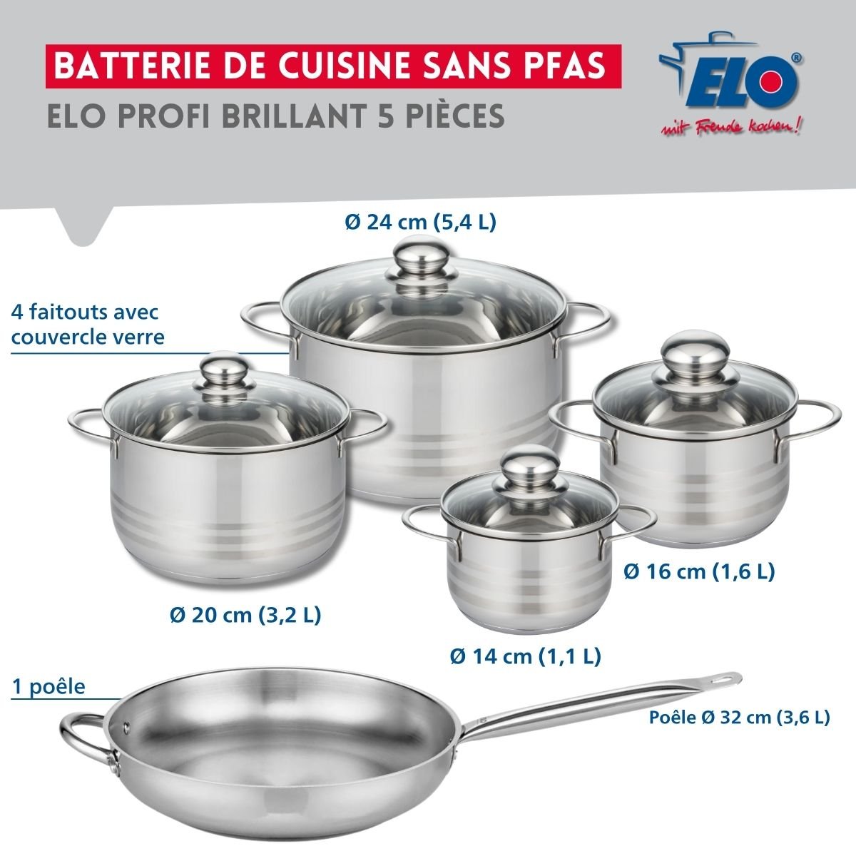 Batterie 1 poêle 32cm + 4 faitouts 14/16/20/24cm PROFI BRILLANT gris, ELO