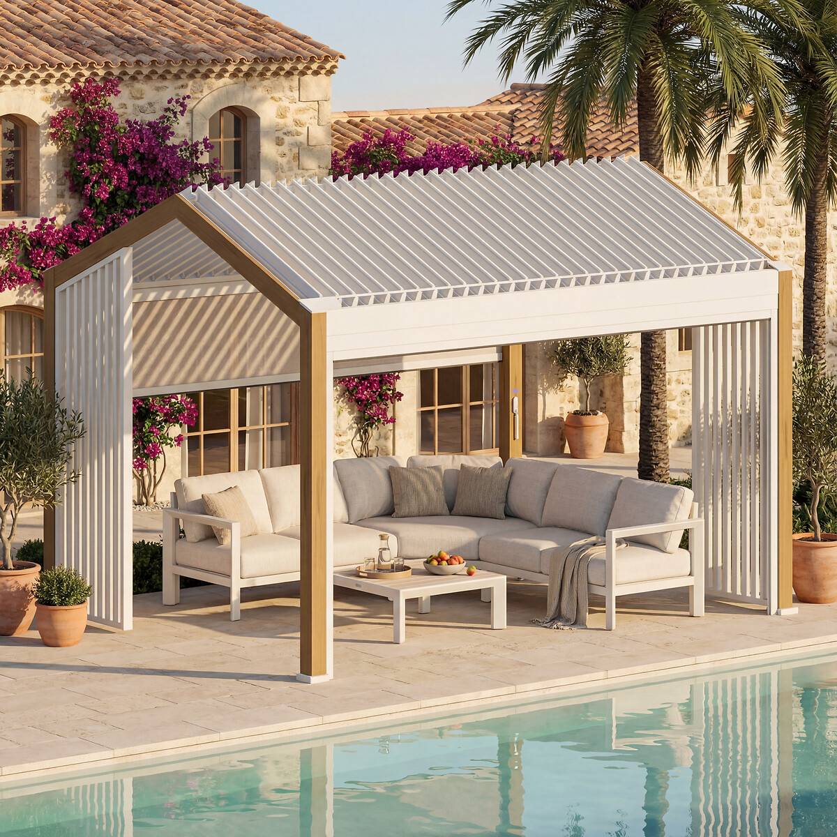 Pergola bioclimatique en aluminium effet bois rideaux déperlants 4x3m ECOZIA beige lin, HESPERIDE
