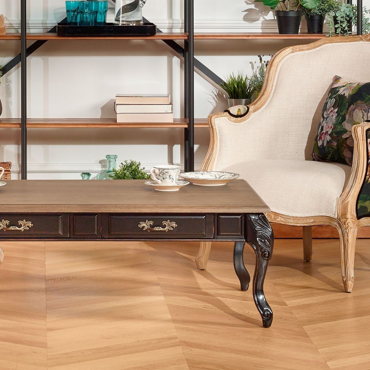 Table basse rectangulaire style shabby chic, plateau en chêne MARIANNE noir, ROBIN DES BOIS