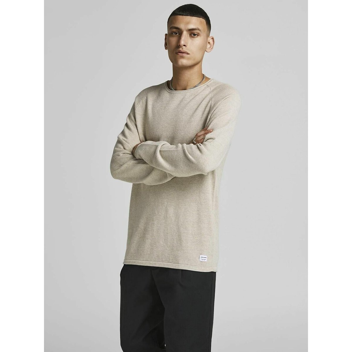 Pull léger col rond maille structurée beige, JACK & JONES