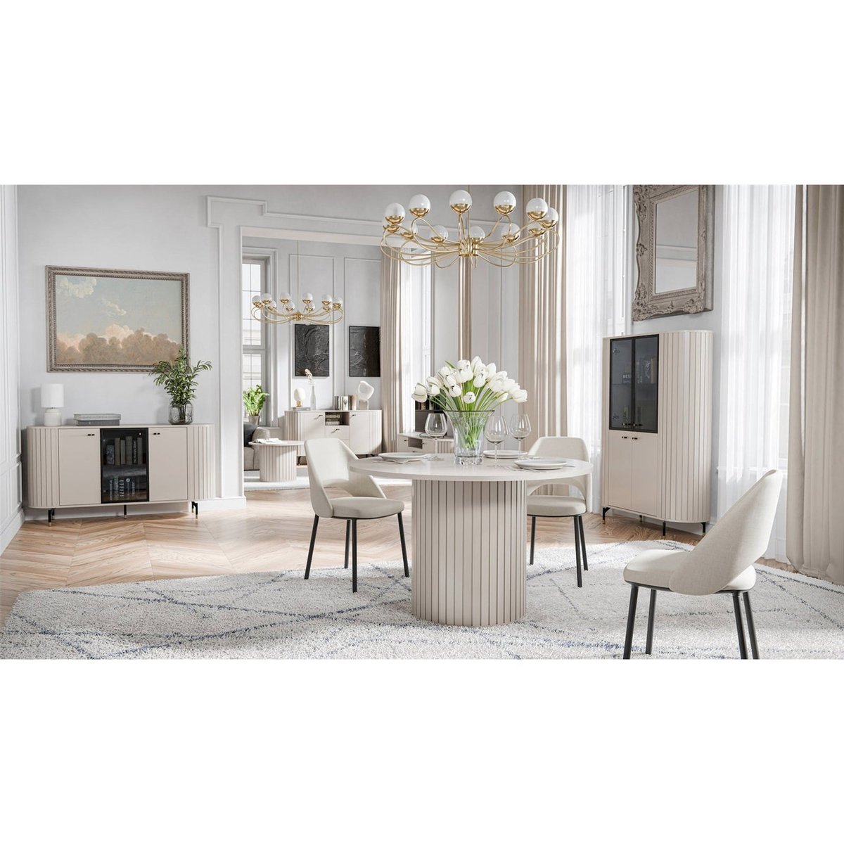 Buffet bas cannelé porte vitrée collection ZANTE gris beige, RECOLLECTION
