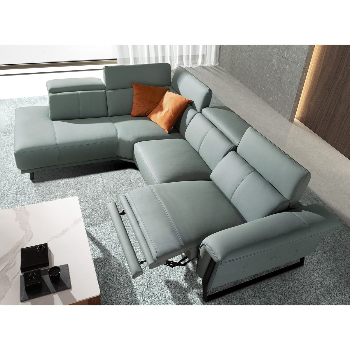 Canapé d'angle relax droite en cuir vert turquoise | noir, ANGEL CERDA
