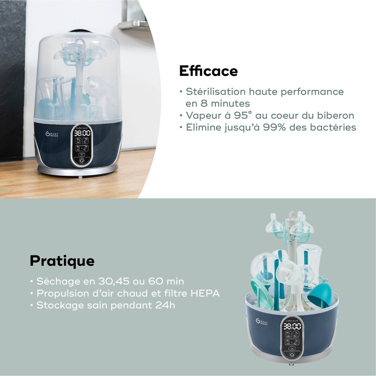 Stérilisateur sèche biberons Turbo Pure bleu, BABYMOOV