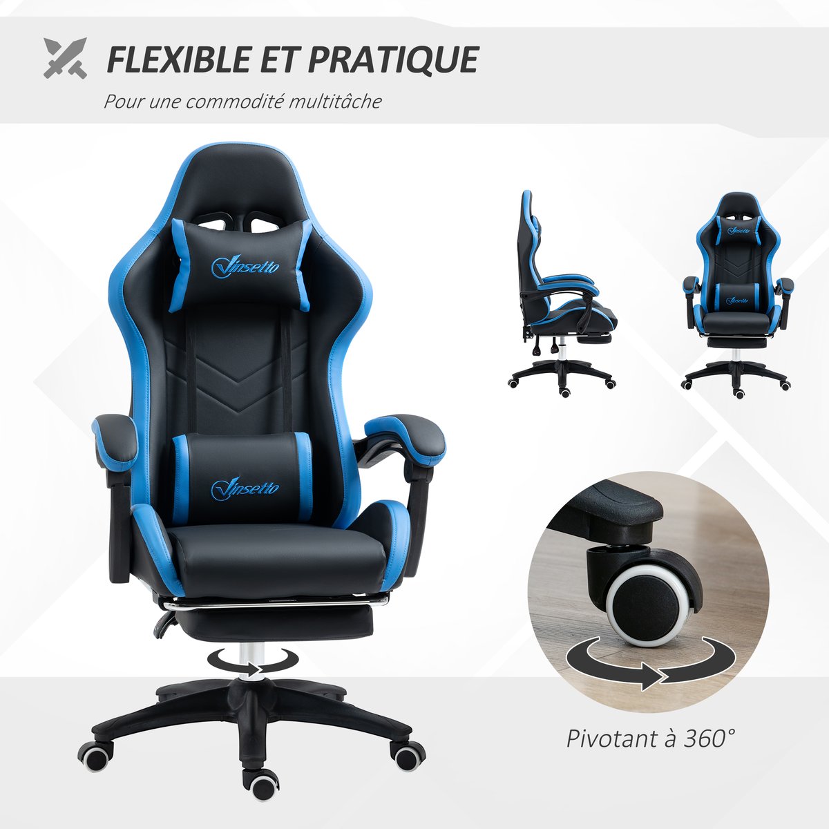 Fauteuil gaming Polyuréthane Noir noir et bleu, HOMCOM