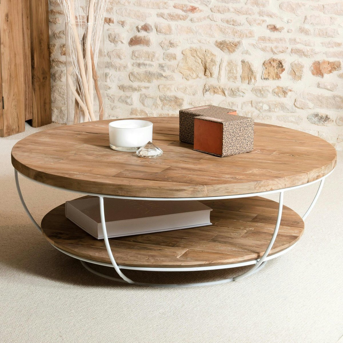 Table basse en teck ronde double plateau SWING blanc, PIER IMPORT